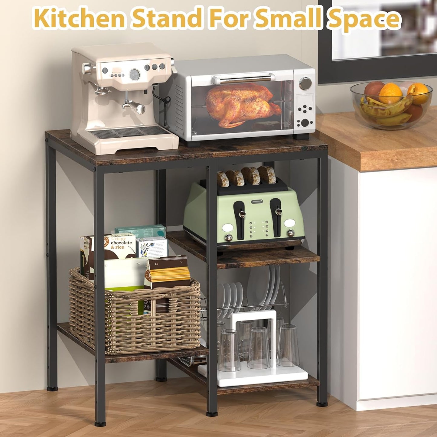 Kitchen stand with appliances and items on a wooden floor.