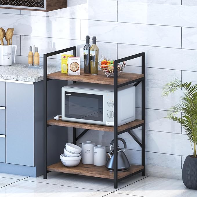 Kitchen shelf with microwave, bowls, and a kettle against a tiled wall.