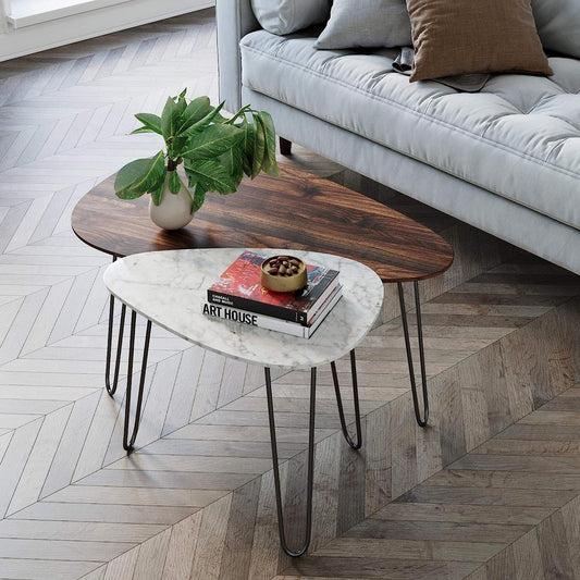 Bodhi mid-century nesting coffee table by MetalX in angled real-world display showing both tables in use
