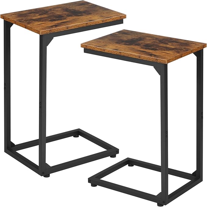Two wooden side tables with black metal legs on a white background
