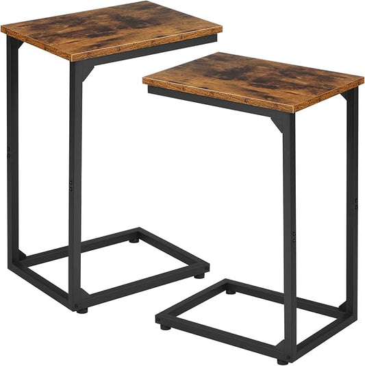 Two wooden side tables with black metal legs on a white background