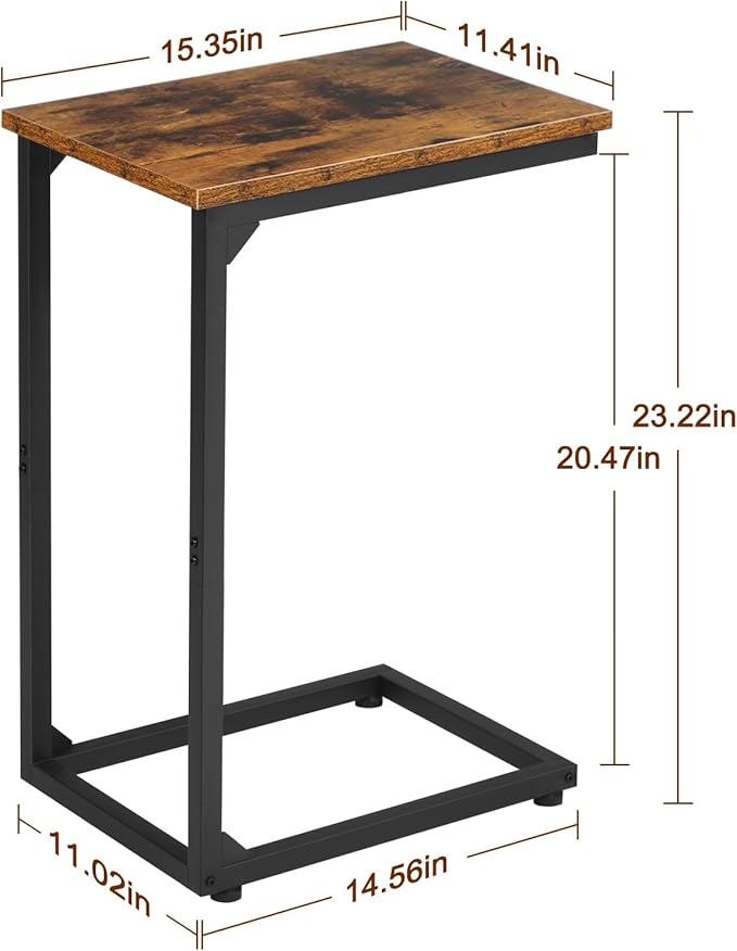 Wooden side table with dimensions on a white background