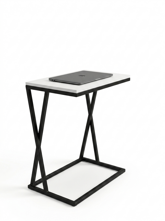 Small side table with a white top and black metal frame on a white background