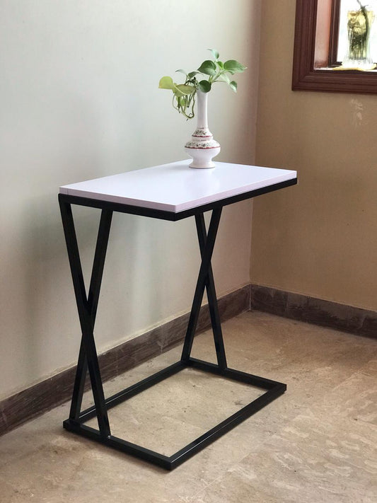 C-shaped sofa side table in living room setup with walnut top and black frame – MetalX