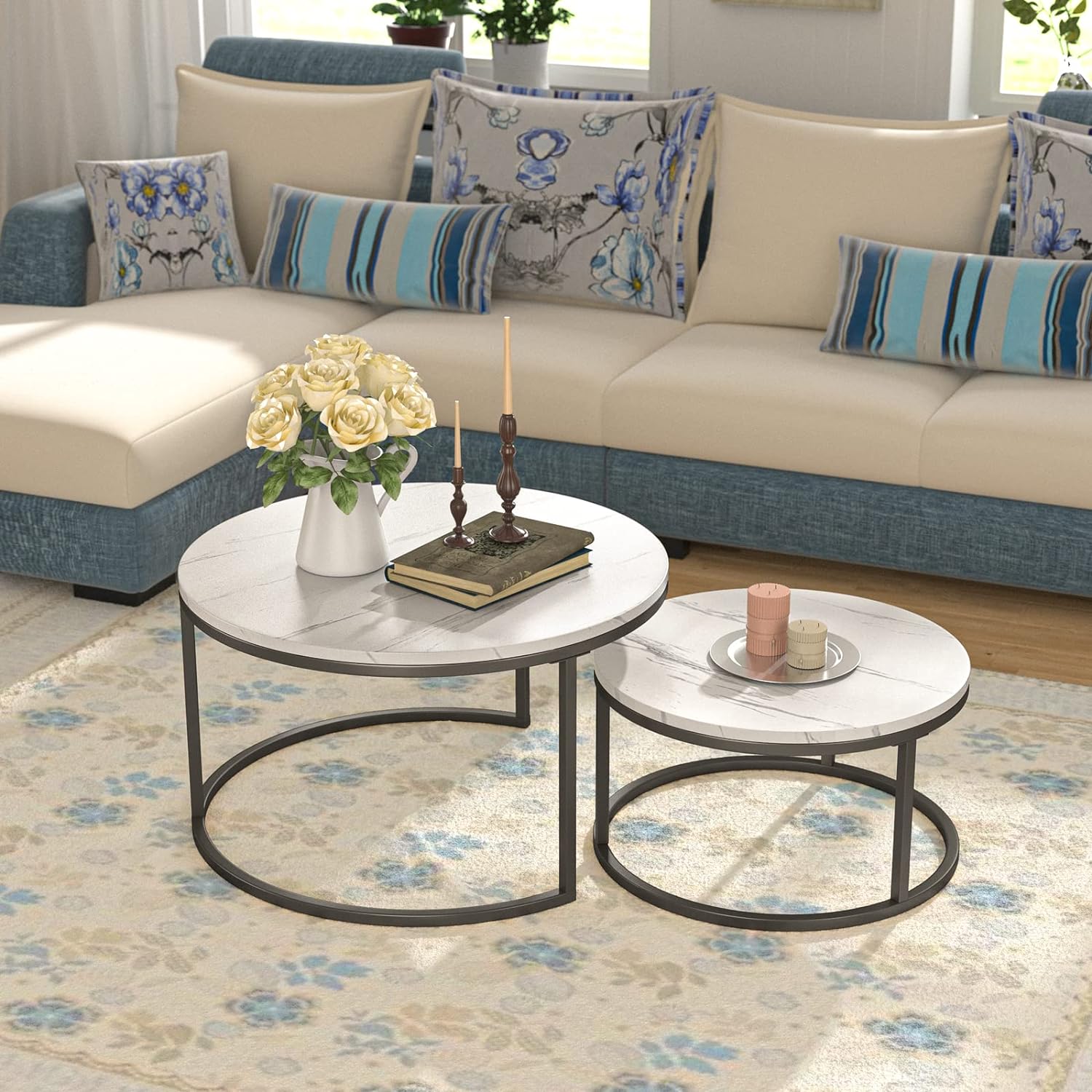 MetalX center table set with marble texture top and black frame – real room setup