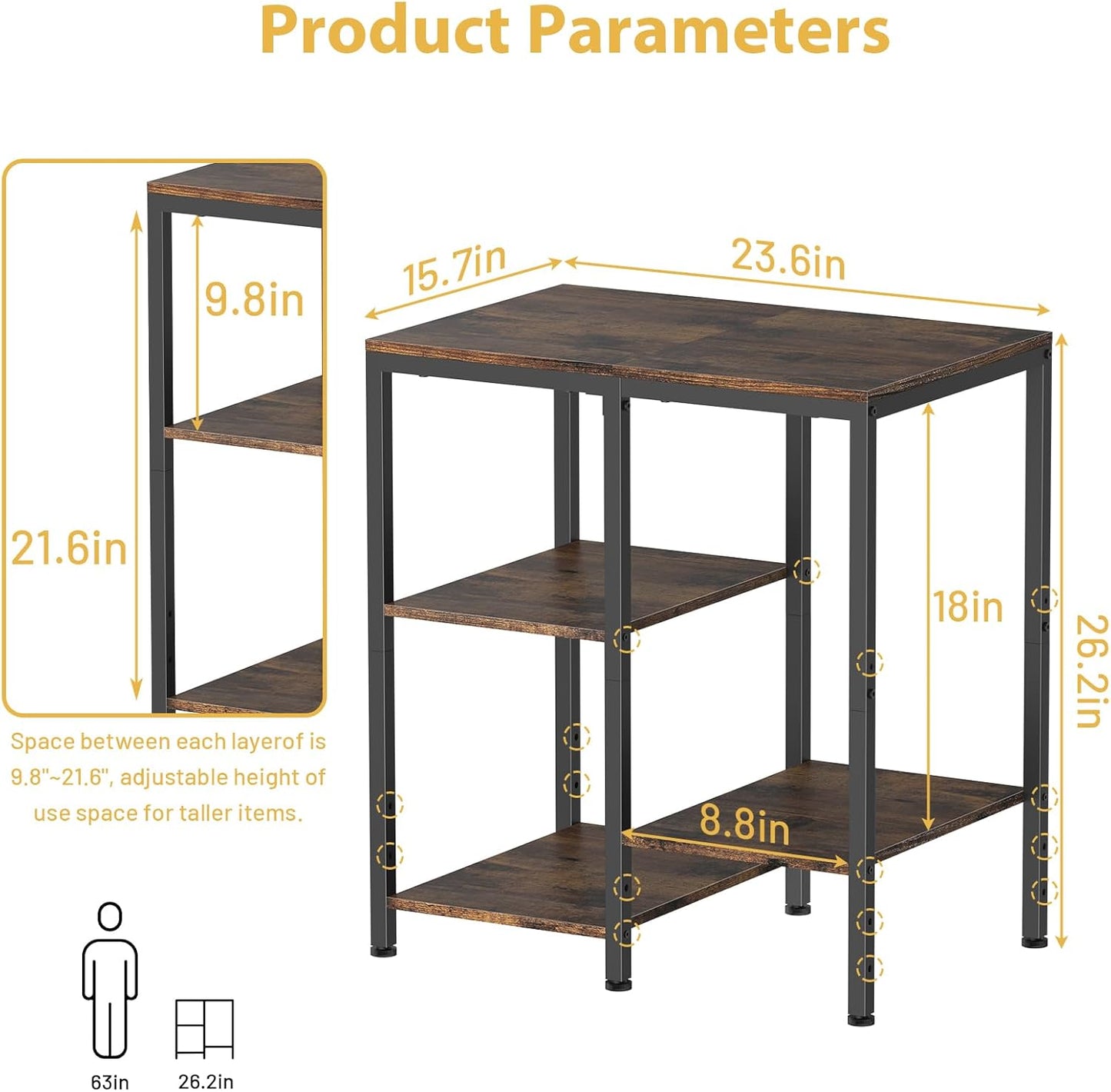 Dimensions of a three-tiered wooden shelf with metal legs on a white background