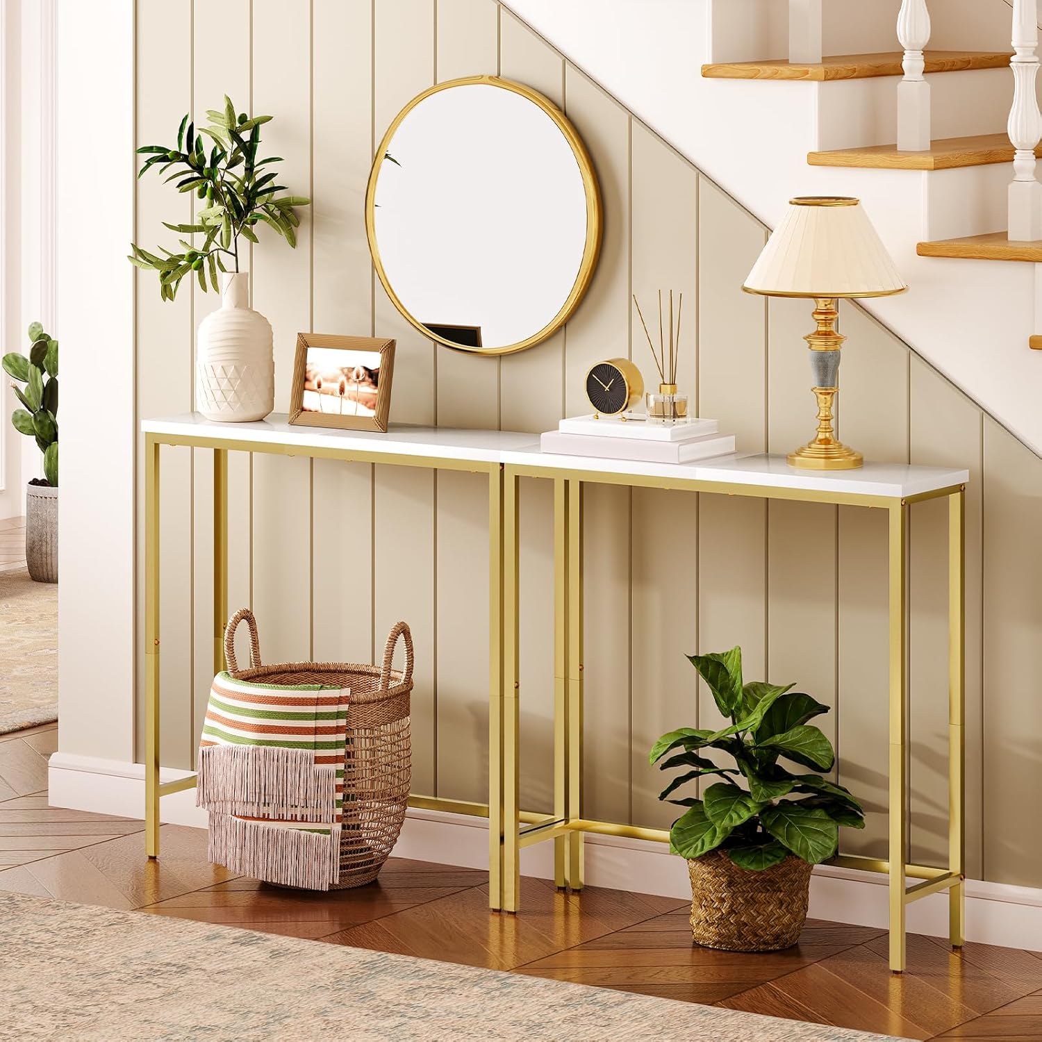 Gold console table with decorative items in a home setting