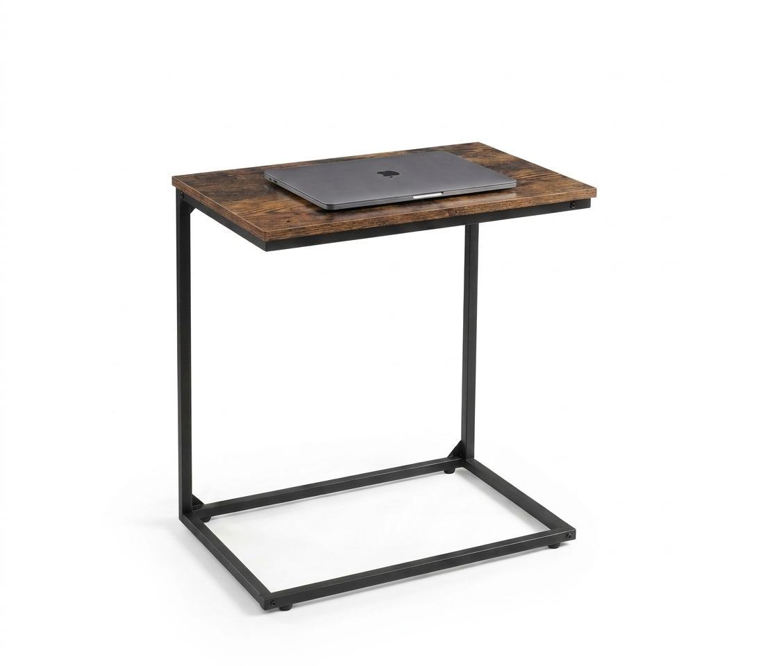 Laptop stand with wood top and black metal frame on white background – MetalX