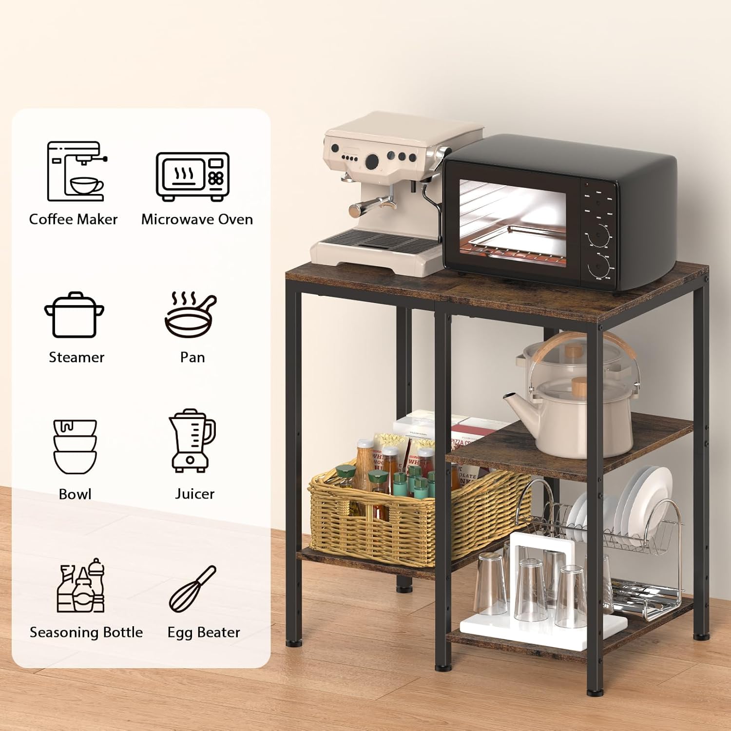 Kitchen island with appliances and utensils on a wooden floor.