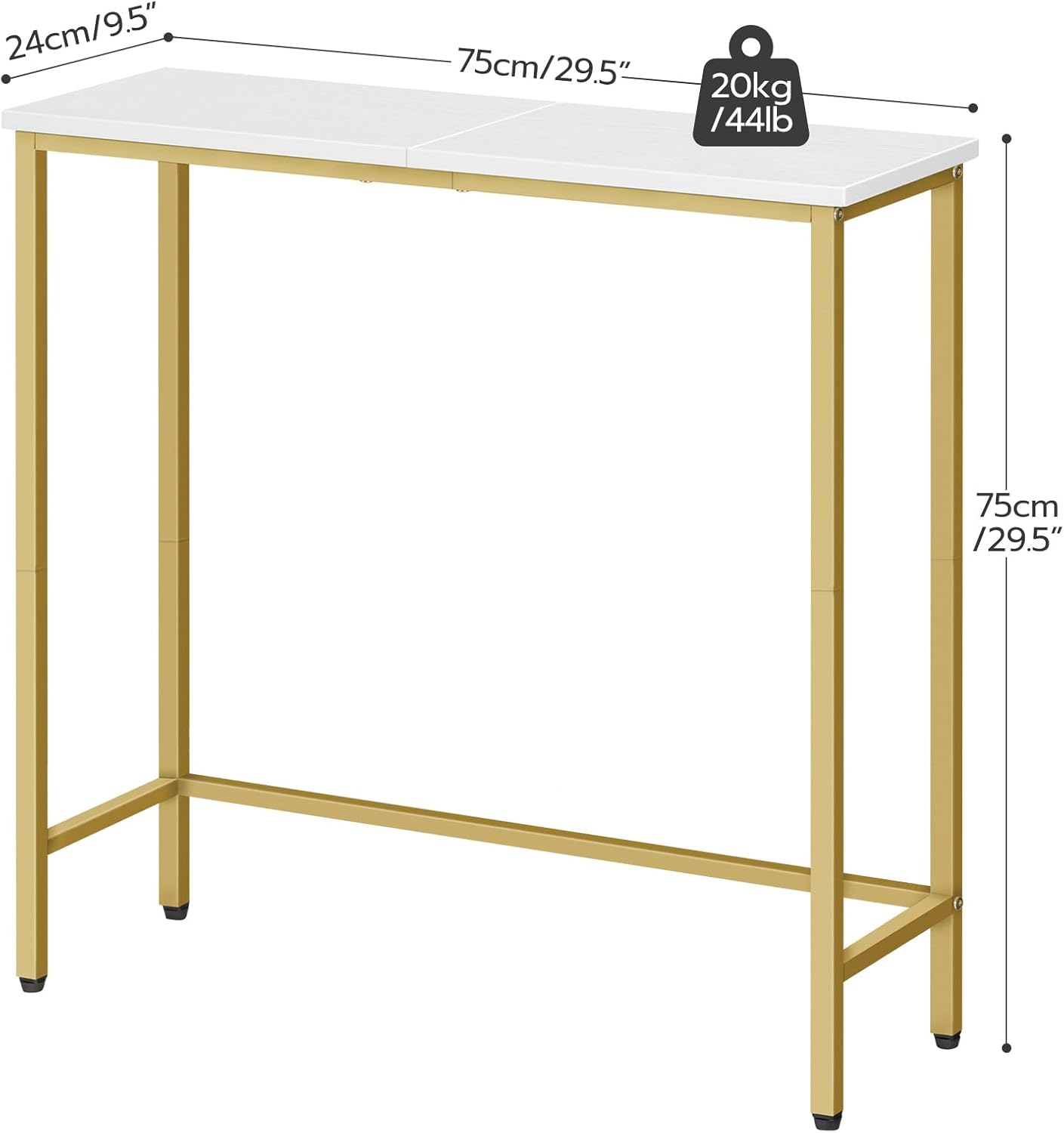 Small table with gold legs and white top, showing dimensions and weight capacity.