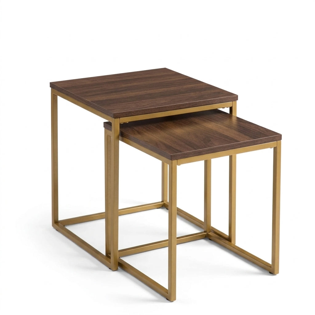 A pair of nested square nesting tables with dark brown wood-grain tops and gold-finished metal frames, shown on a clean white background.