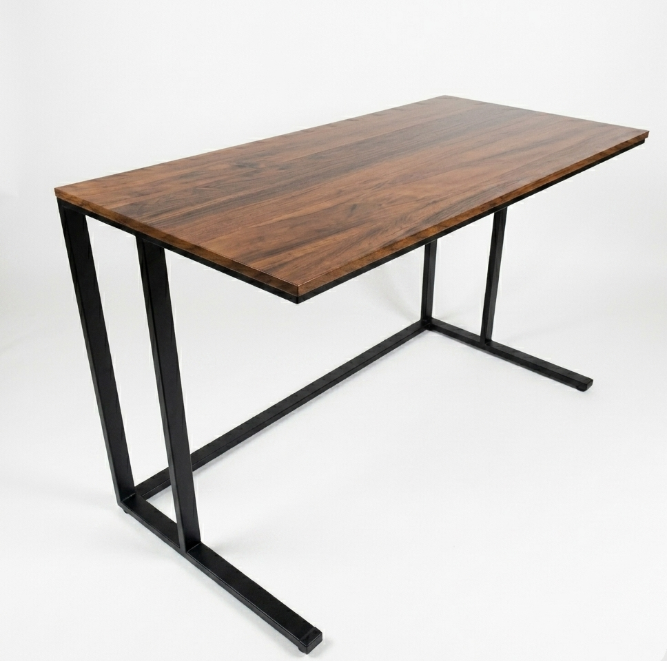 Wooden desk with black metal legs on a white background