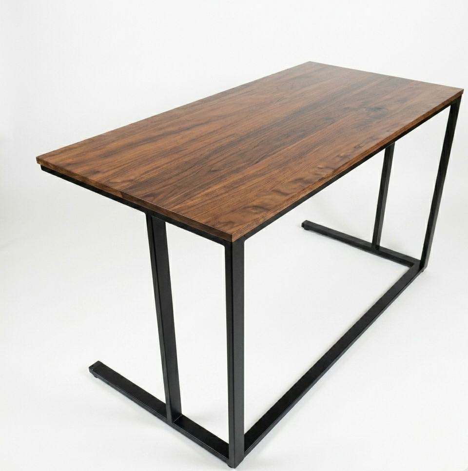 Wooden desk with black metal legs on a white background