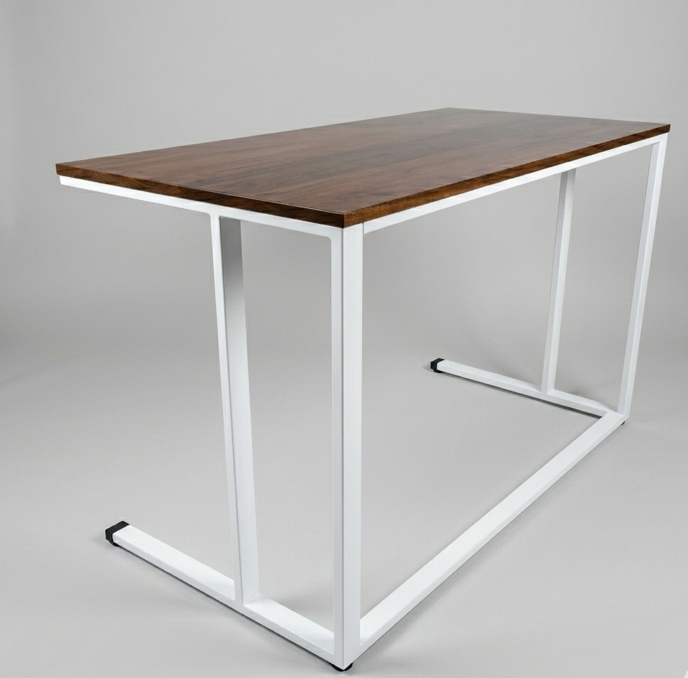 Table with wooden top and white metal frame on a gray background
