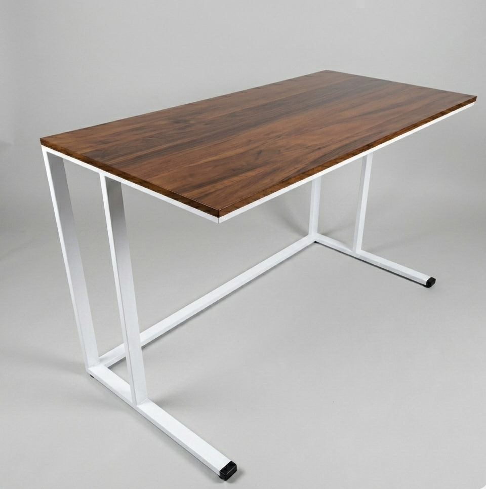 Wooden desk with white metal legs on a gray background