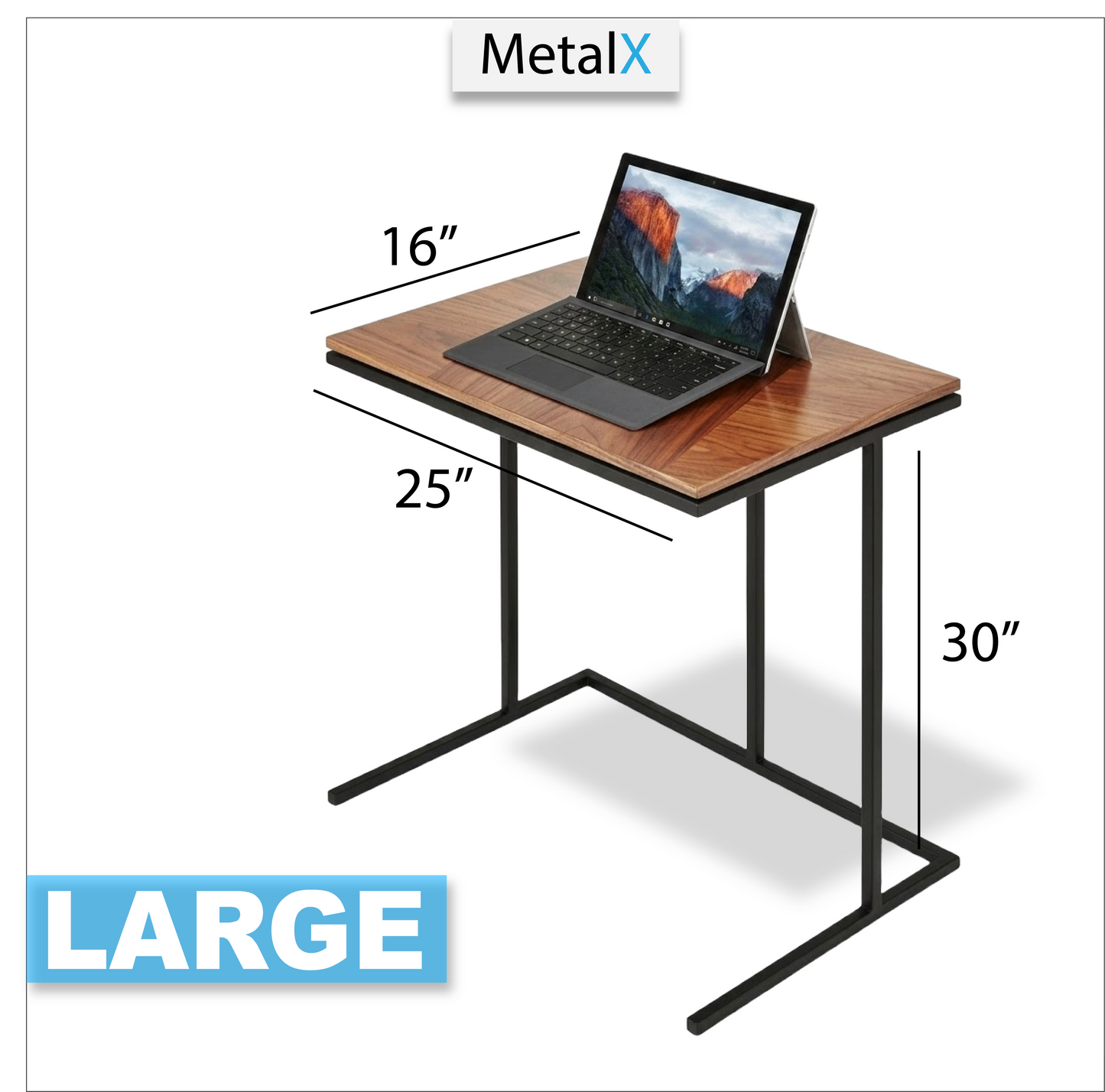Small wooden desk with dimensions labeled, featuring a laptop on a white background.