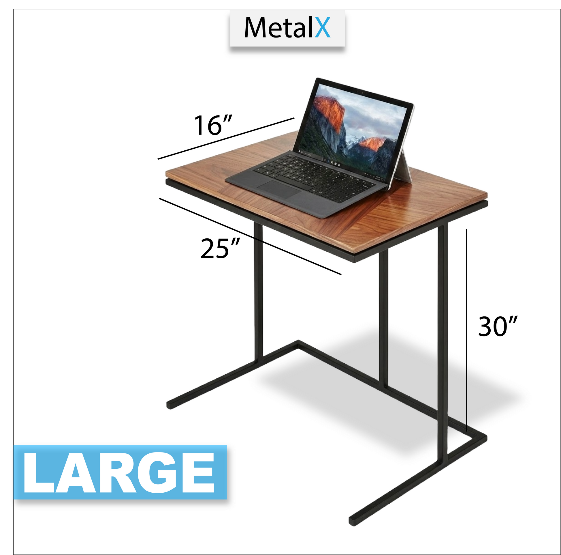 Small wooden desk with dimensions labeled, featuring a laptop on a white background.