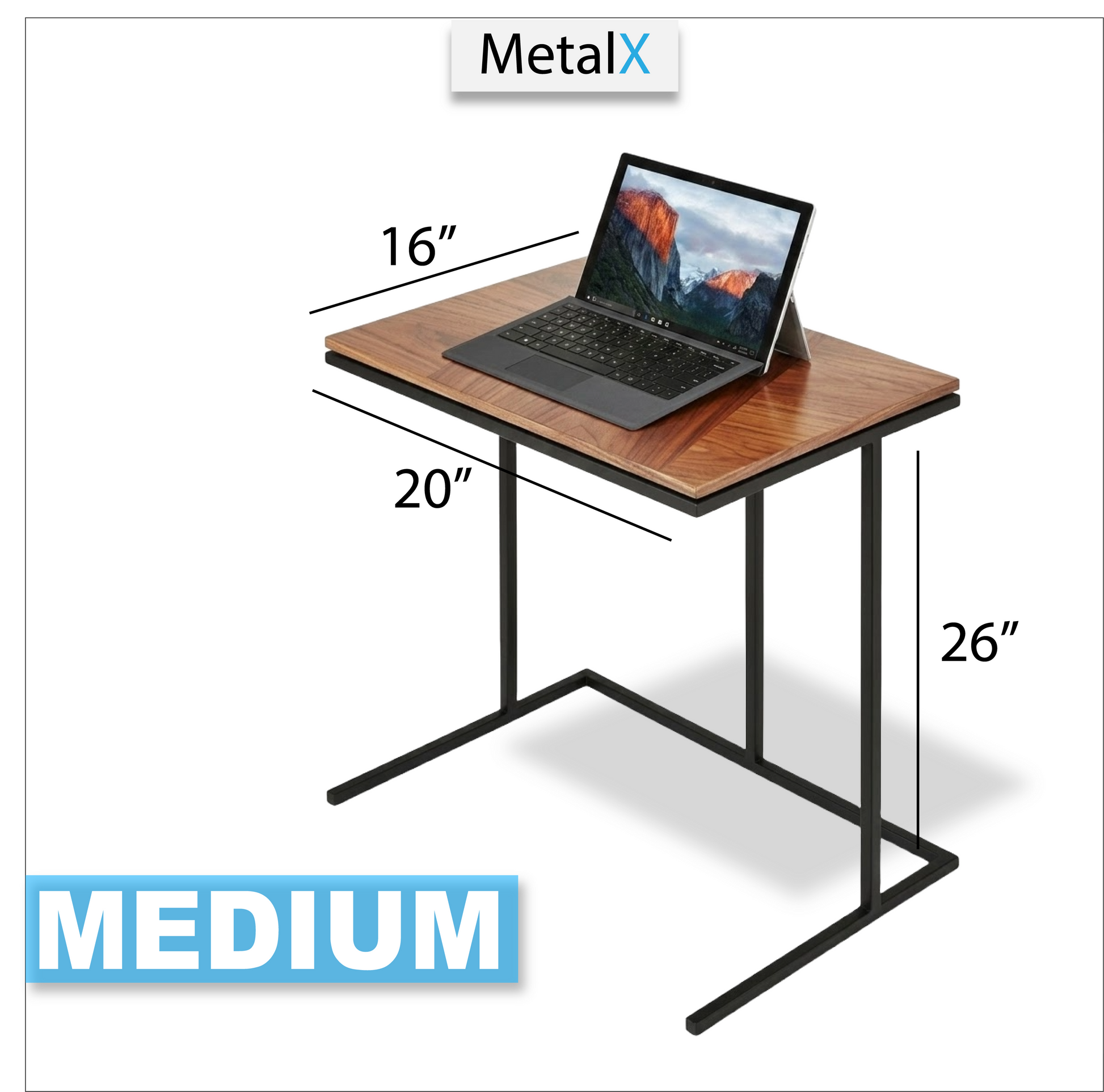 Small wooden desk with dimensions labeled, featuring a laptop on top.