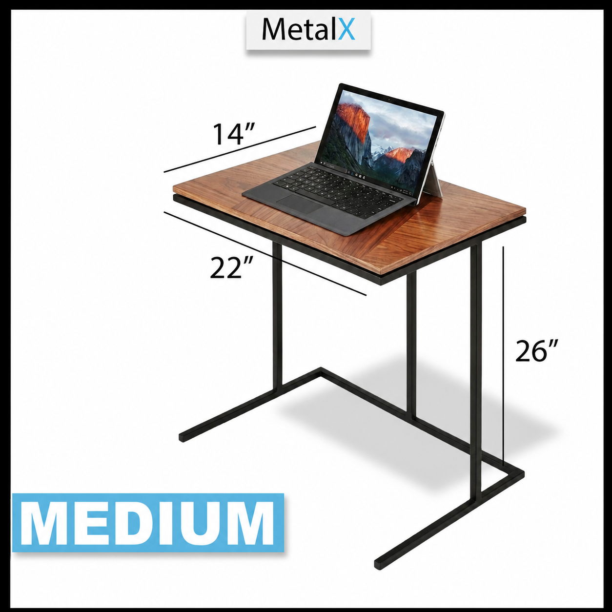 Small wooden medium sized desk with dimensions labeled, featuring a laptop on a white background 