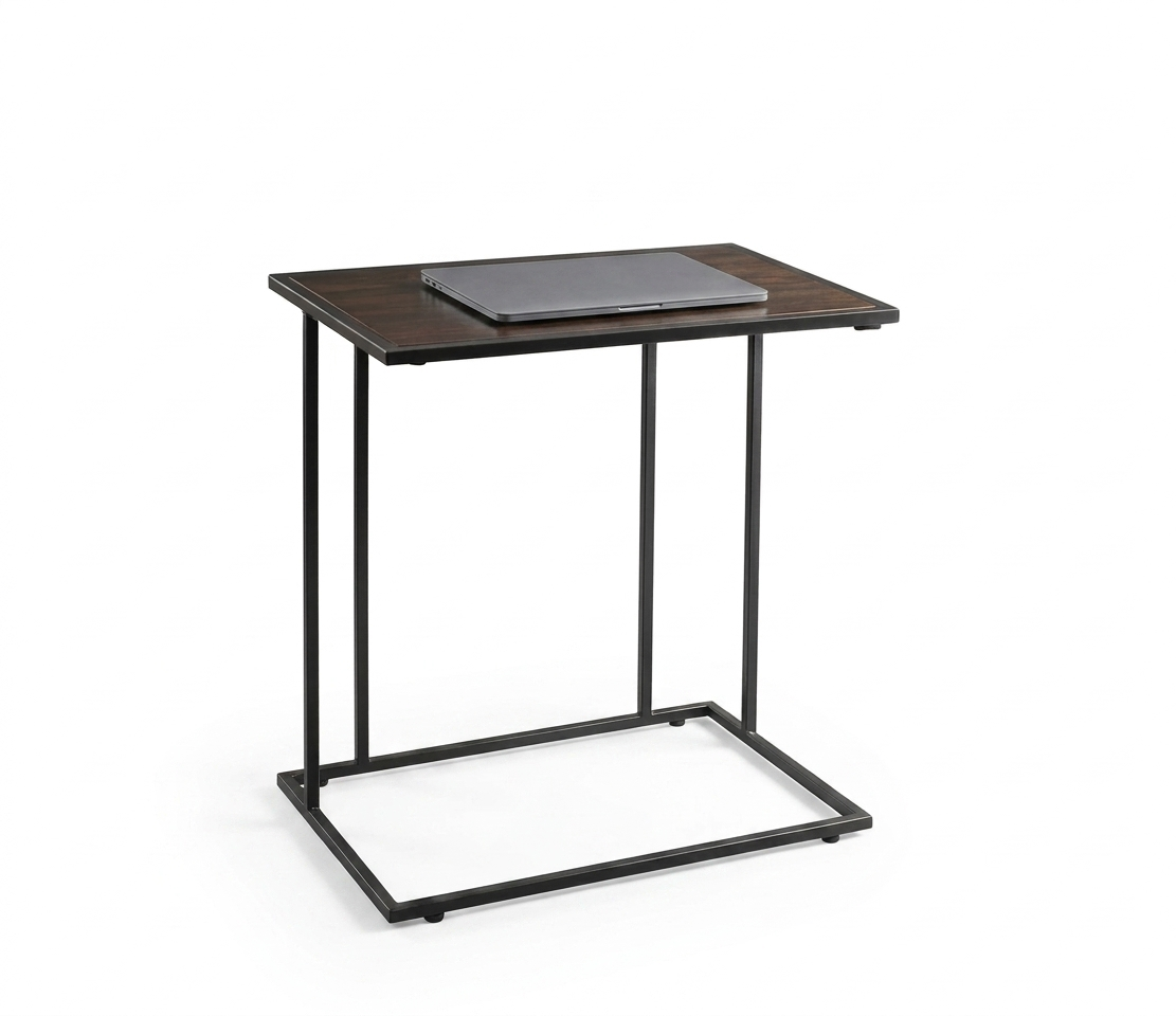 Small wooden laptop table with a metal frame on a white background