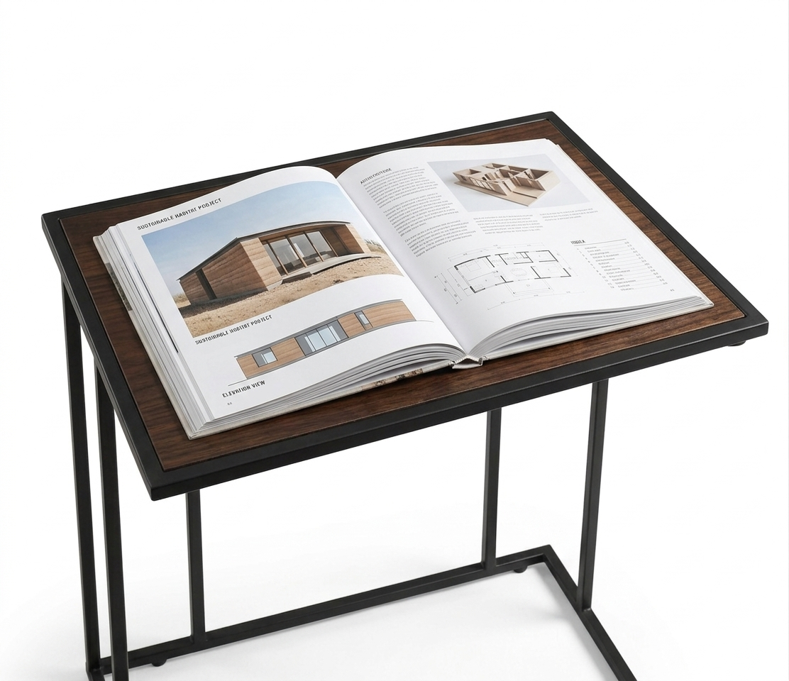 Small laptop table with an open book on a white background