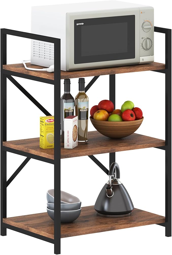 Wooden shelf with microwave, bottles, and fruits on a white background